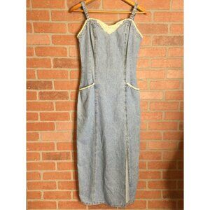Vintage Zana-Di Women's Denim and Lace Midi Dress Sweat Heart Neck Blue SZ 9/10